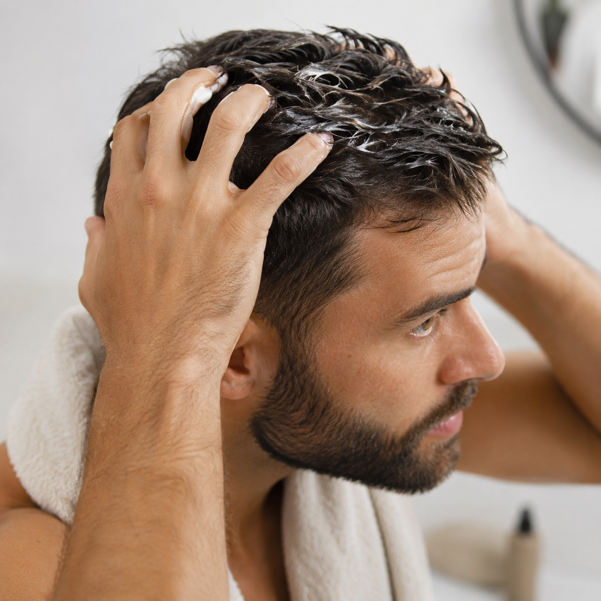Mann stylt sein Haar – Kategorie Haarstyling